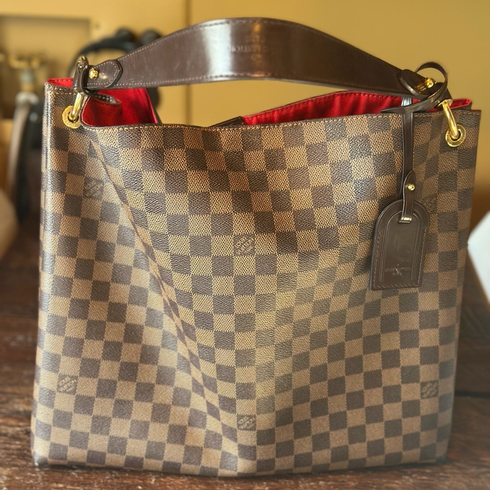 Louis Vuitton Brown Damier Canvas Shoulder Bag with Red Interior